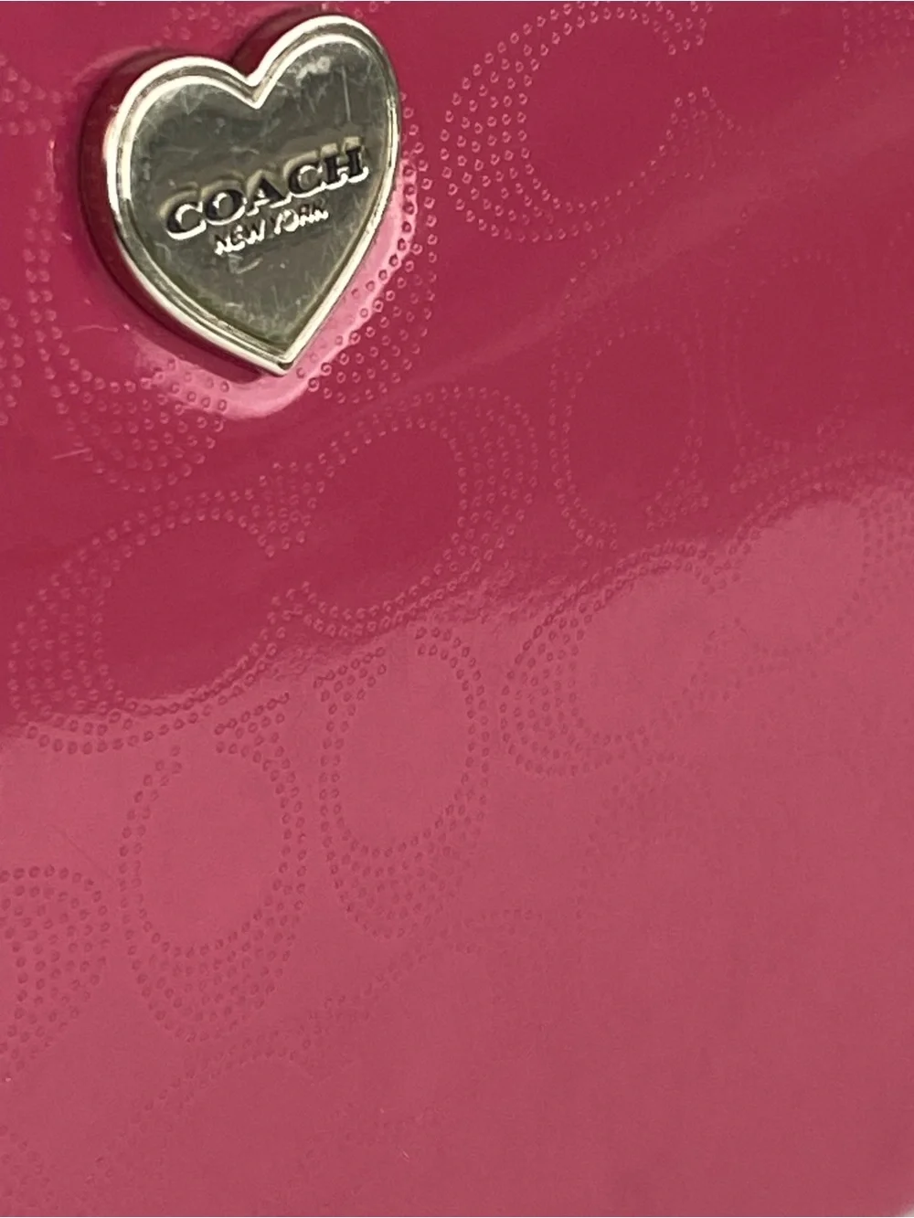 Coach Pink Signature Patent Leather Wallet with Heart Pendant